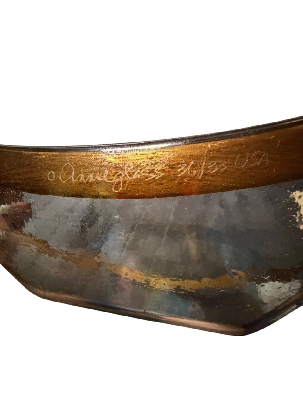 Annieglass Gold Rimmed Handcrafted Glass Square Bowl Signed  36/33 USA 11"x11" - Picture 6 of 7